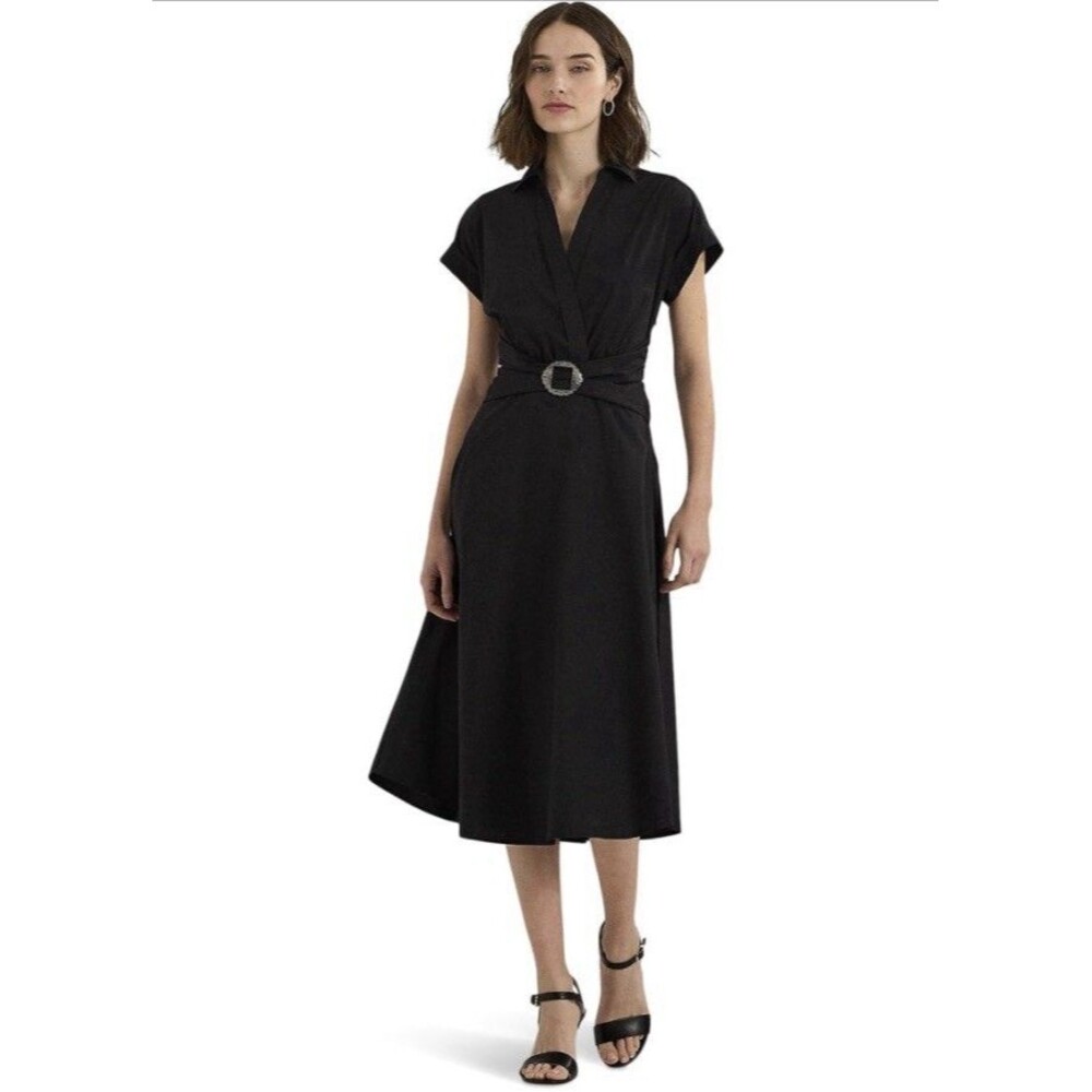 Lauren Ralph Lauren Stretch Cotton Blend Surplice Dress Black Size 4 NWT